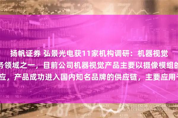 扬帆证券 弘景光电获11家机构调研：机器视觉是公司积极布局的新业务领域之一，目前公司机器视觉产品主要以摄像模组的形式供应，产品成功进入国内知名品牌的供应链，主要应用于割草机器人等产品（附调研问答）